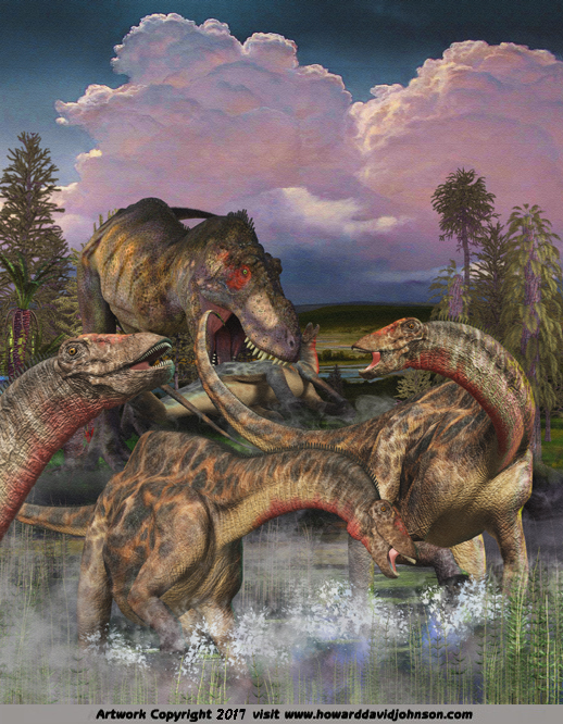  Dinosaur painting Tyrannosaurus Rex  attacking Dicraeosaurus paleontological art Paleo art