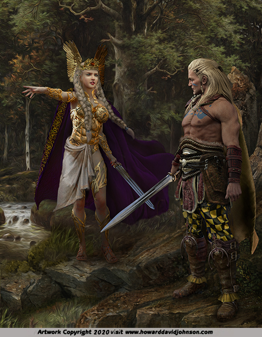 Queen Maeve confronts Cuchullain painting art ulster saga irish mythology celtic art painting Tain bo Cuailnge