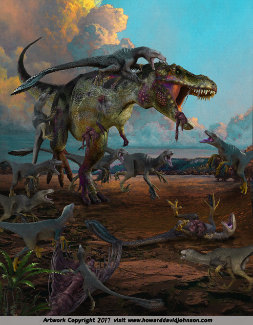 T Rex brought down by Raptors paleo art dinosaur painting