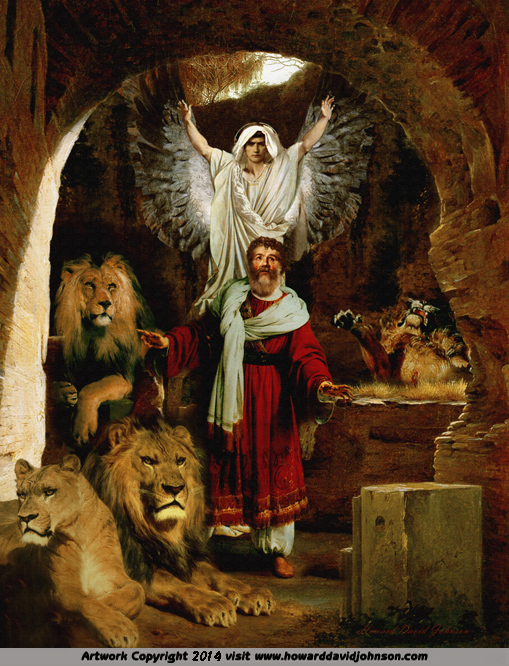 bible art biblical painting daniel lion den guardian protector 