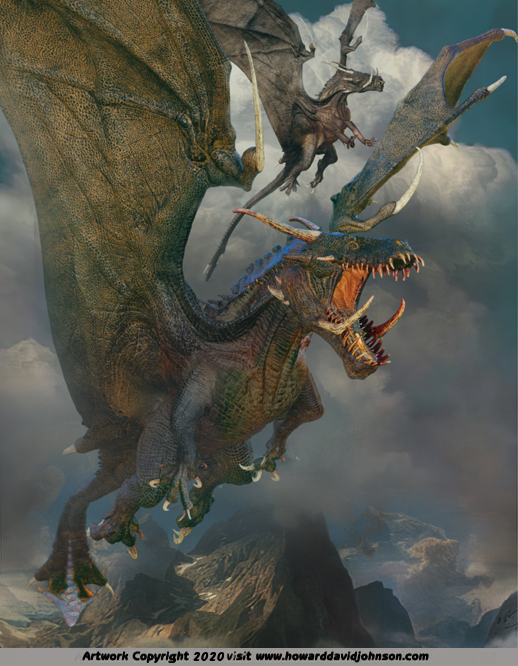 flying dragons realistic art painting wivern