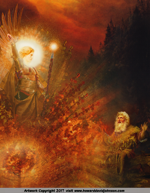 Moses kneeling before glowing angel speaking from the burning bush on Mt. Sinai - Old Testament art work Book of Exodus