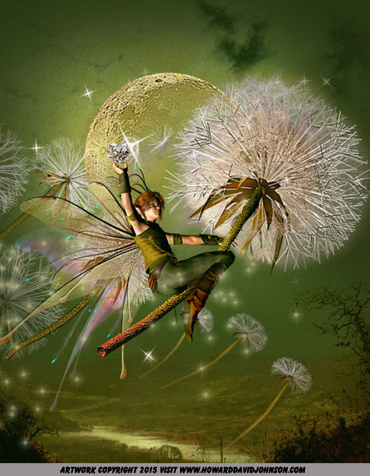little boy fairy flying on a dandelion