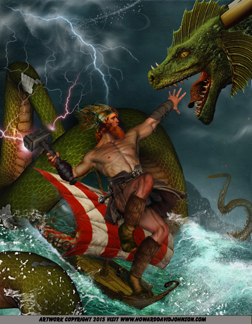 thore battleing midgard serpent in Ragnarock 