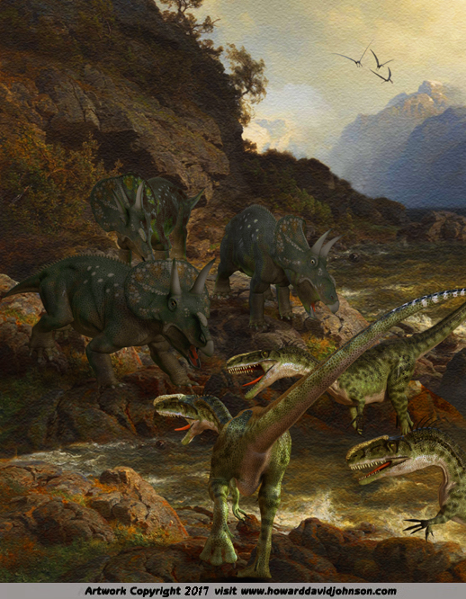 paleo art dinosaur painting Triceratops Monosaurolophus attack